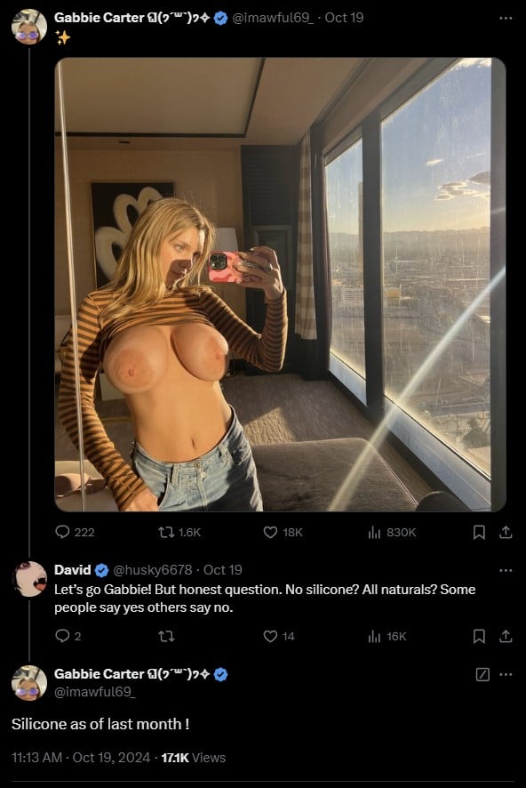 Gabbie Carter confirming she has fake silicone breasts now